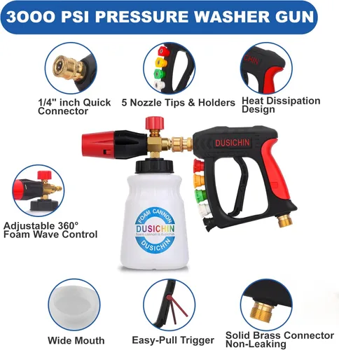 Miniatura 4 de DUSICHIN Pistola de lavado a presión corta de cañón de espuma, conector rápido de 1/4 de pulgada, 5 puntas de boquilla para lavadora a presión