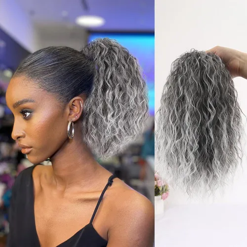 Extensiones de cabello sintético corto con cordón para coleta de caballo de color gris, suelto, rizado, con clip, para mujeres negras, moño de pelo