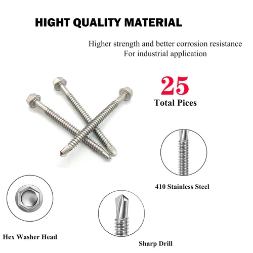 Miniatura 3 de Tornillos autoperforantes con cabeza hexagonal de arandela #14 x 3 (1 a 3 pulgadas), acero inoxidable 410, tornillos Tek de chapa autorroscantes, 25