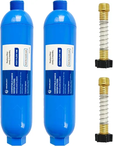 Hourleey - Paquete de 2 filtros de agua para vehículos recreativos de conexión directa con 2 protectores de manguera flexible, reduce mal sabor,