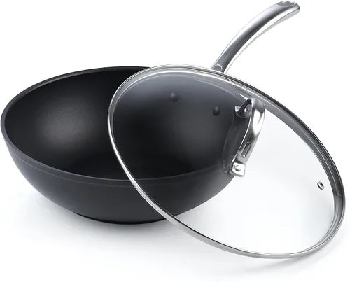 Cooks Standard - Sartén antiadherente tipo wok para saltear de 11 pulgadas, sartén para freír profunda con tapa de vidrio, fondo plano, color negro