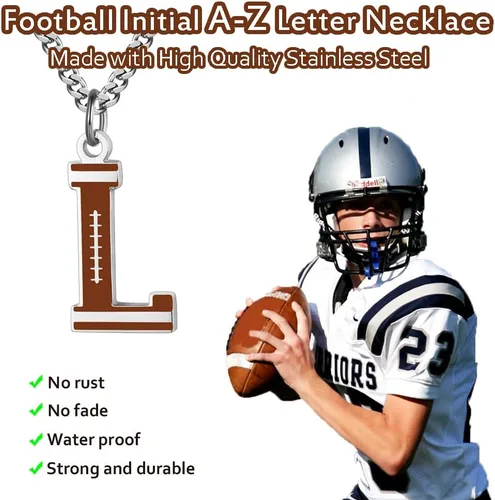Miniatura 2 de AIAINAGI Collar con letra inicial de fútbol A-Z para niños, dije de fútbol americano, cadena de plata de acero inoxidable, regalo de fútbol