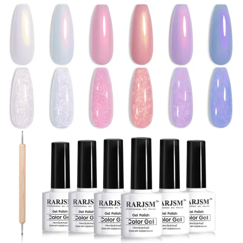 Miniatura 12 de RARJSM - Juego de esmaltes de uñas de gel perla, 6 colores: concha nacarada, purpurina, blanco, oro, rosa, verde, púrpura, con brillo de sirena
