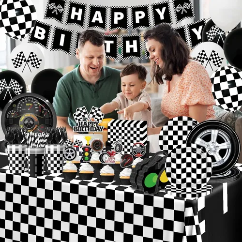 Miniatura 3 de Juego de vajilla de 187 piezas para decoración de fiesta de cumpleaños de coche de carreras, incluye platos de fiesta de autos de carreras