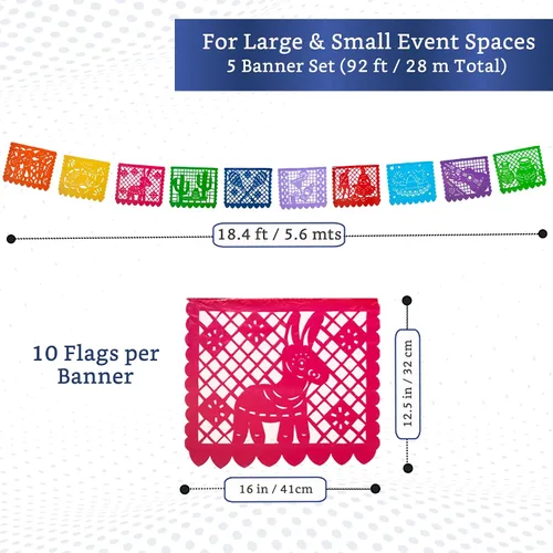 Miniatura 2 de Pancartas de fiesta mexicana (paquete de 5 con 10 banderas de plástico por bandera), papel picado mexicano para fiesta, papel picado de plástico
