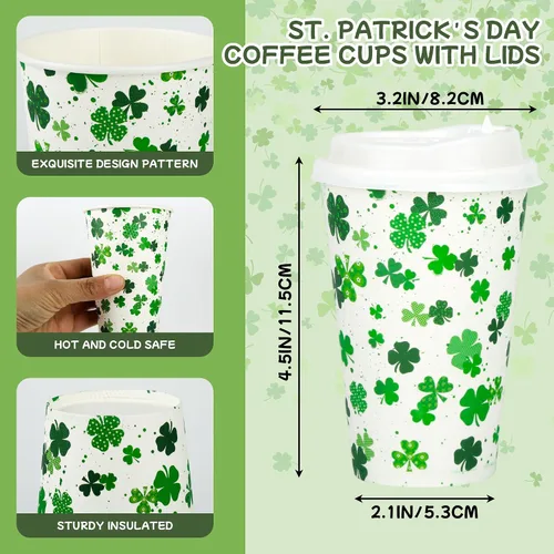 Miniatura 2 de Paquete de 80 tazas de 12 onzas para el Día de San Patricio, tazas de café desechables de papel con tapas, tazas de trébol verde para bebidas frías