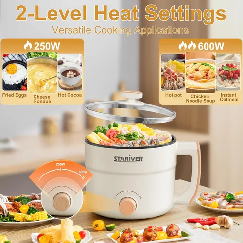Miniatura 2 de Stariver - Olla caliente eléctrica de 1.5L con doble potencia - Mini olla portátil antiadherente para fideos, sopa, pasta, huevo, avena - Protección