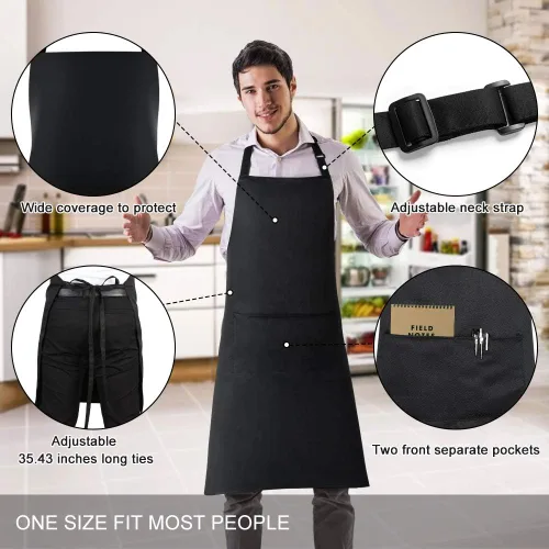 Miniatura 2 de Jubatus Paquete de 1 delantal con peto con 2 bolsillos, delantal de cocina de chef para mujeres y hombres, color negro