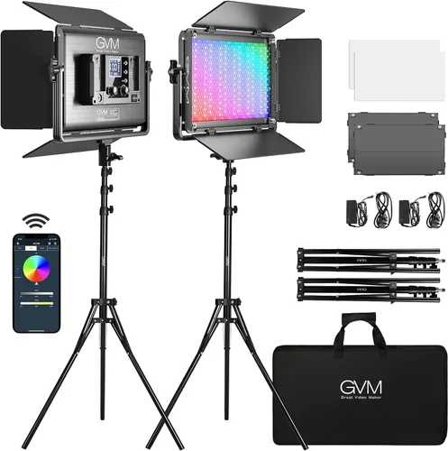 GVM - Luz de video LED RGB de 1300D, kit de iluminación de video de 65 W con control Bluetooth, 25000 lux/1.6 ft, 2 paquetes de luz LED para estudio