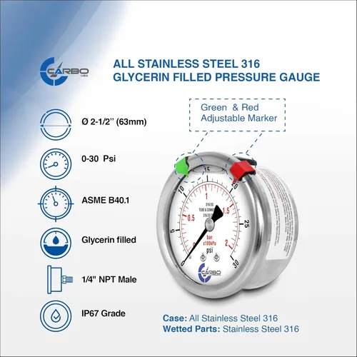 Miniatura 21 de Medidor de presión relleno de líquido de 300 PSI, dial de 2.5 pulgadas, montaje trasero 1/4 NPT, estuche 316 SS, 316 piezas mojadas SS, PSI/barra