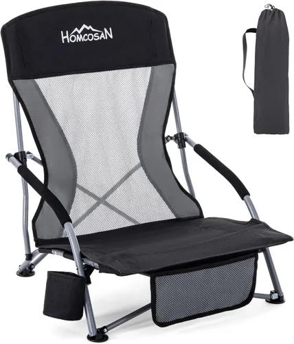 Miniatura 19 de Homcosan Silla de playa portátil baja plegable con paraguas desmontable, silla de campamento ligera para adultos con portavasos y bolsillo