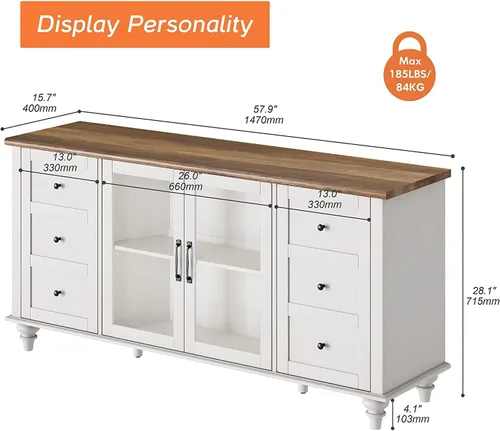 Miniatura 2 de WAMPAT Aparadores Buffet con Puerta de Vidrio, Gabinetes de Almacenamiento de Cocina, Mesas de Bar de Café de Madera, Mesa de Gabinete de Blanco
