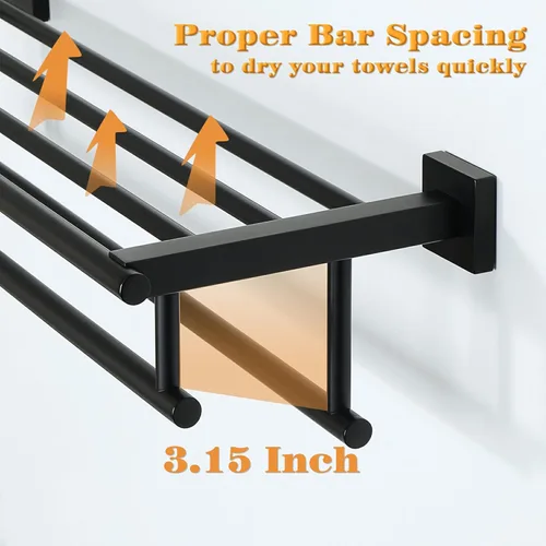 Miniatura 7 de Alise - Toallero para baño con montaje en pared, soporte de toallas de baño con doble barra para toallas y estante, 40.6 cm, SUS304 de acero Negro