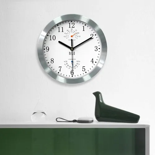 Miniatura 7 de HITO Reloj de pared silencioso de 10 pulgadas, funciona con pilas, sin tictac, con cubierta de vidrio, marco de aluminio plateado, para decoración
