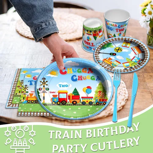 Miniatura 5 de Chuagaa Chugga Two Two 142 Piezas Decoración de Cumpleaños Tren Platos de Papel Juego de Vajilla - Mantel de Transporte Pancarta Tazas para 2do