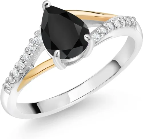 Miniatura 27 de Gem Stone King Anillo de compromiso de plata 925 y oro amarillo de 10 quilates, piedra natal con forma de pera de 0.315 x 0.236 in y diamantes