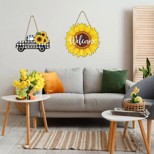 Miniatura 4 de 2 piezas de girasol de verano para puerta de bienvenida, letrero colgante de madera para camión con diseño de girasol Hello Sunshine Wall Porche Art