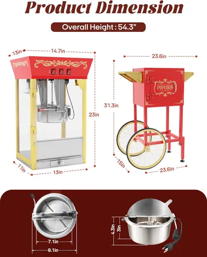 Miniatura 6 de Máquina de palomitas PopBria con carrito, auténtica máquina de palomitas estilo cine de 10 oz con bandeja calentadora, máquina de palomitas vintage