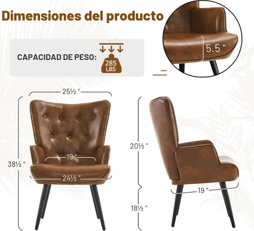 Miniatura 2 de Furniliving Silla decorativa de piel sintética para sala de estar, silla de lectura tapizada con respaldo alto, sillón acolchado con respaldo alado