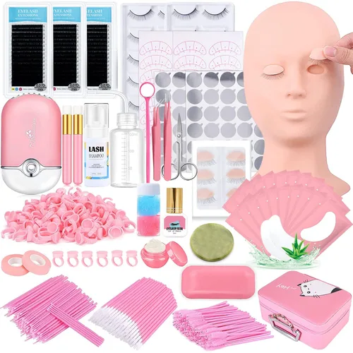 Kit de extensión de pestañas profesional con cabeza de maniquí, párpados extraíbles, ventilador de pestañas USB, pestañas postizas individuales, Rosa