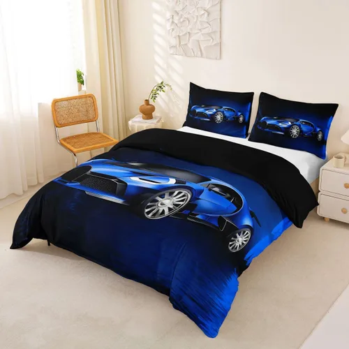 Miniatura 2 de Feelyou Juego de funda de edredón de coche deportivo, juego de ropa de cama azul de carreras para niños y niñas, funda de edredón de deportes