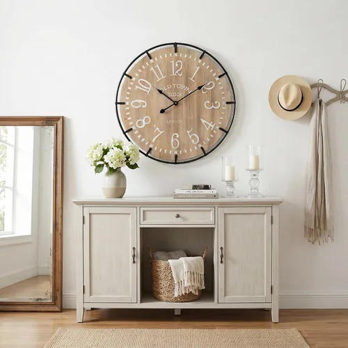Miniatura 23 de EMAX HOME Reloj de pared grande de granja de 20 pulgadas, cara de grano de madera envejecida negra rústica con números romanos blancos, movimiento
