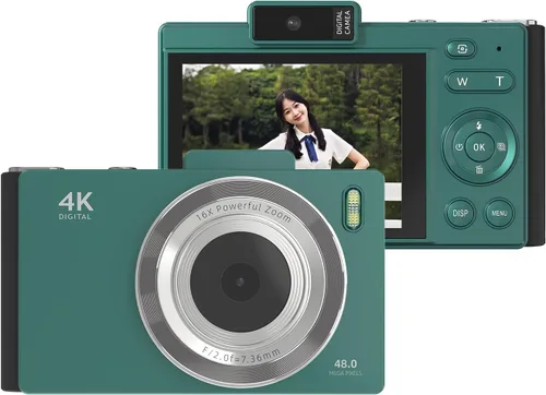Andoer Cámara digital 4K, cámara de video digital portátil, cámara CCD de 48 MP, pantalla IPS de 2.8 pulgadas, antivibración, zoom 16X, enfoque Verde