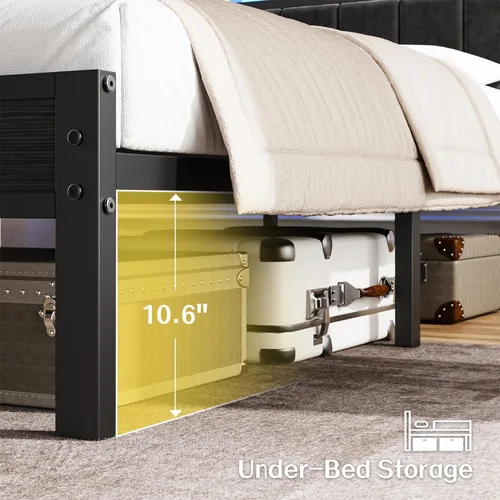 Miniatura 6 de OLEVS Base de cama King con estación de carga y luces LED, cama de plataforma moderna con cabecera de almacenamiento tapizada, no necesita somier
