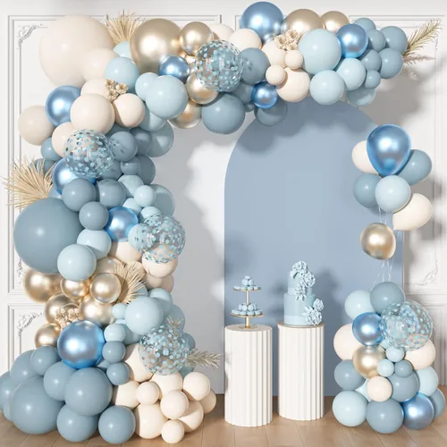 Miniatura 8 de Ouddy Life Kit de arco de guirnalda de 156 globos azules y plateados, azul marino, metálico, azul claro, plateado, blanco, confeti, para cumpleaños