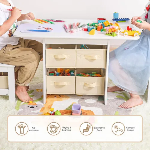 Miniatura 2 de Juego de mesa y silla para niños (2 sillas incluidas), juego de mesa y sillas de madera para niños pequeños con 6 cajas de almacenamiento, muebles
