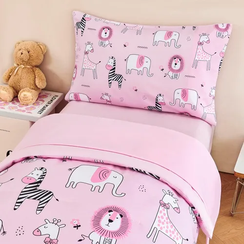 Miniatura 3 de URBONUR Juego de ropa de cama de 4 piezas para niños pequeños - Juego de edredón ultra suave con dibujos animados de animales del zoológico rosa