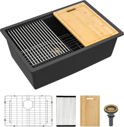 Miniatura 38 de Fregadero de preparación de barra de montaje inferior de 12 x 16 pulgadas, color negro mate, compuesto de cuarzo, clásico bajo encimera, lavabo