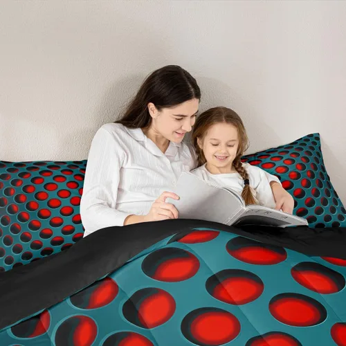 Miniatura 5 de Juego de edredón de nido de abeja, juego de ropa de cama geométrico verde y rojo, tamaño individual, juego de edredón reversible negro con colmena