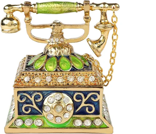 FASSLINO Caja de joyería de teléfono vintage con adornos pintados a mano con bisagras, regalo único para decoración del hogar (azul)