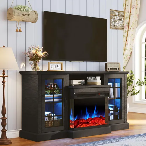 Miniatura 2 de Soporte de TV con chimenea de 59 pulgadas, mesa de consola central de entretenimiento de vidrio de 3 caras para televisores de hasta 65 pulgadas