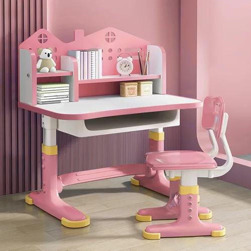Miniatura 7 de Juego de escritorio y silla para niños, escritorio infantil de altura ajustable con cajones de almacenamiento y estantería, mesa ergonómica para Rosa