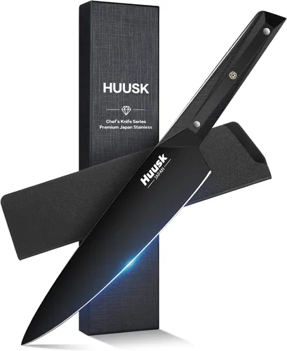Huusk Cuchillo japonés, AUS 8, cuchillo de chef japonés de acero inoxidable de 8 pulgadas, hoja revestida de titanio negro, mango ergonómico G10 con