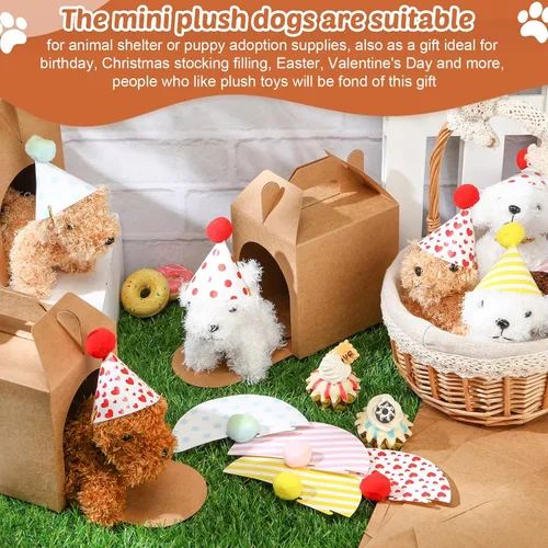 Miniatura 4 de Juego de 20 Mini Juguetes de Peluche Animales de Peluche Perros con Sombreros de Cumpleaños Cajas de Papel Kraft Cachorros de Peluche Pequeños