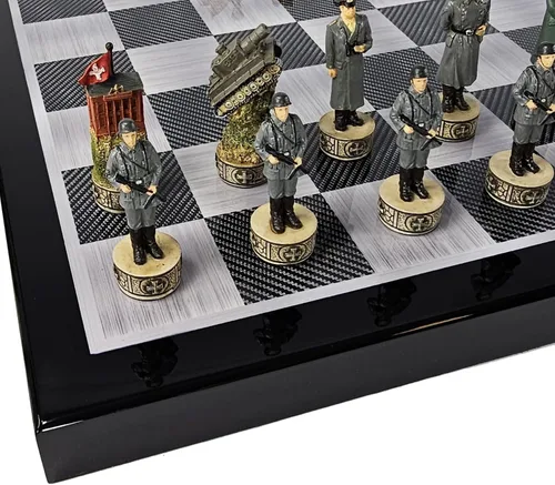 Juego de ajedrez de la Segunda Guerra Mundial de Estados Unidos vs Alemania con tablero de color de fibra de carbono negro de 18 pulgadas WW2