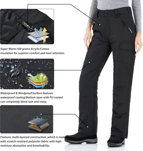 Miniatura 3 de WULFUL Pantalones de esquí de nieve aislados para mujer, impermeables, para invierno, snowboard, esquí, cargo