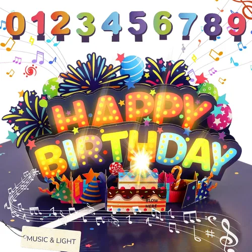 Miniatura 11 de Tarjeta de cumpleaños de gato desplegable 3D con canción de miau, velas sopladas y luces coloridas, bonito regalo sorpresa para niños, niñas, hijo
