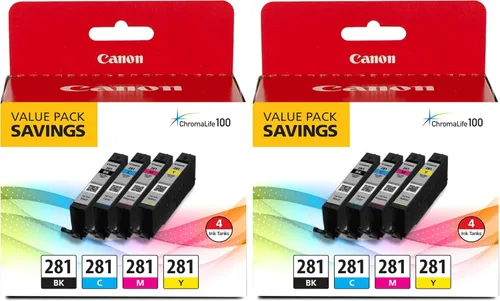 Canon CLI-281 Paquete de 4 tintas negras, cian, magenta y amarillas, compatibles con impresoras TR8520, serie TR8620, TS9120 y TS6210, (paquete de 2)