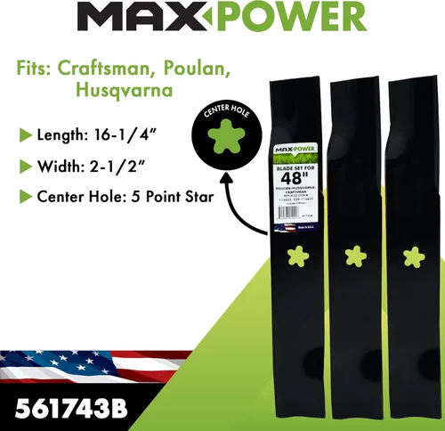 Miniatura 2 de MaxPower 561743B Juego de cuchillas para Poulan de 48 pulgadas, Husqvarna, Craftsman Reemplaza OEM No. 539-113425, 48 pulgadas, negro