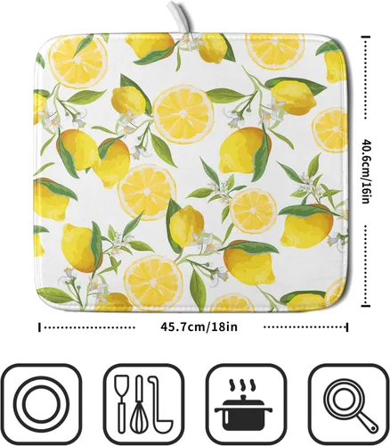 Miniatura 2 de Tapete de secado de platos de limón para encimera de cocina, de 16 x 18 pulgadas, tapete de secado de microfibra pequeña con acuarela, limón