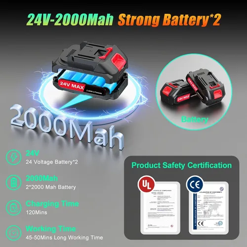 Miniatura 5 de Mini motosierra inalámbrica de 6 pulgadas, motosierra alimentada por batería de 24 V Engrasador automático, 2 baterías de 2000 mAh incluidas