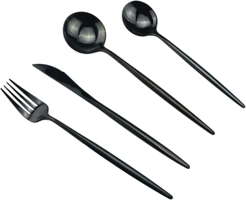 Miniatura 6 de Juego de cubiertos portátiles, juego de cubiertos de 5 piezas, acero inoxidable 18/10, pulido de espejo, negro, utensilios modernos y elegantes