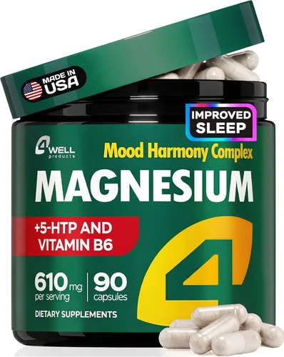 Complejo de magnesio para mujeres – Magnesio para dormir, 610 mg avanzado con glicinato, citrato y vitamina B6 para una absorción 3X + 5-HTP – Apoya