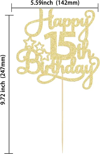 Miniatura 2 de 1 paquete de decoración de pastel de feliz 15 cumpleaños, topper de pastel dorado con purpurina Mis Quince 15, saludos a 15 años, adorno de pastel