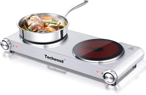 Miniatura 15 de Placa caliente, estufa eléctrica Techwood para cocinar, encimera de 1500 W, quemador individual con temperatura y asas ajustables, placa de cocina