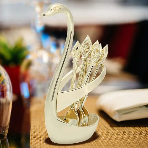 Miniatura 4 de Juego de cubiertos de cuchara de postre de acero inoxidable elegante para el hogar con soporte en forma de cisne (dorado)